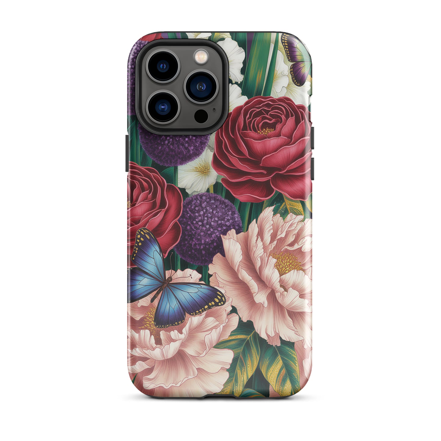 Phone Case for iPhone featuring botanical design with roses, peonies, alliums, and butterflies. Vivid and artistic illustration.