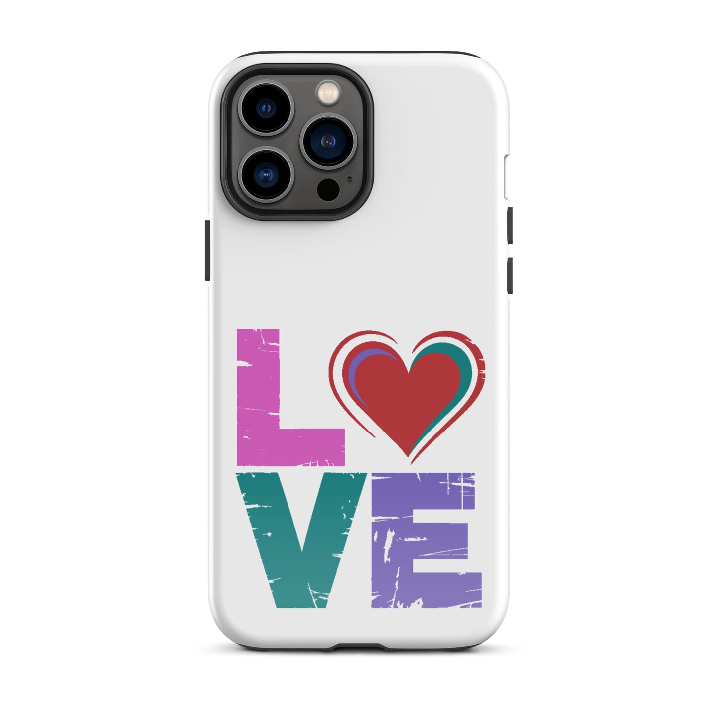 Love Dual Layer Tough Case for iPhones with heart design on white background.
