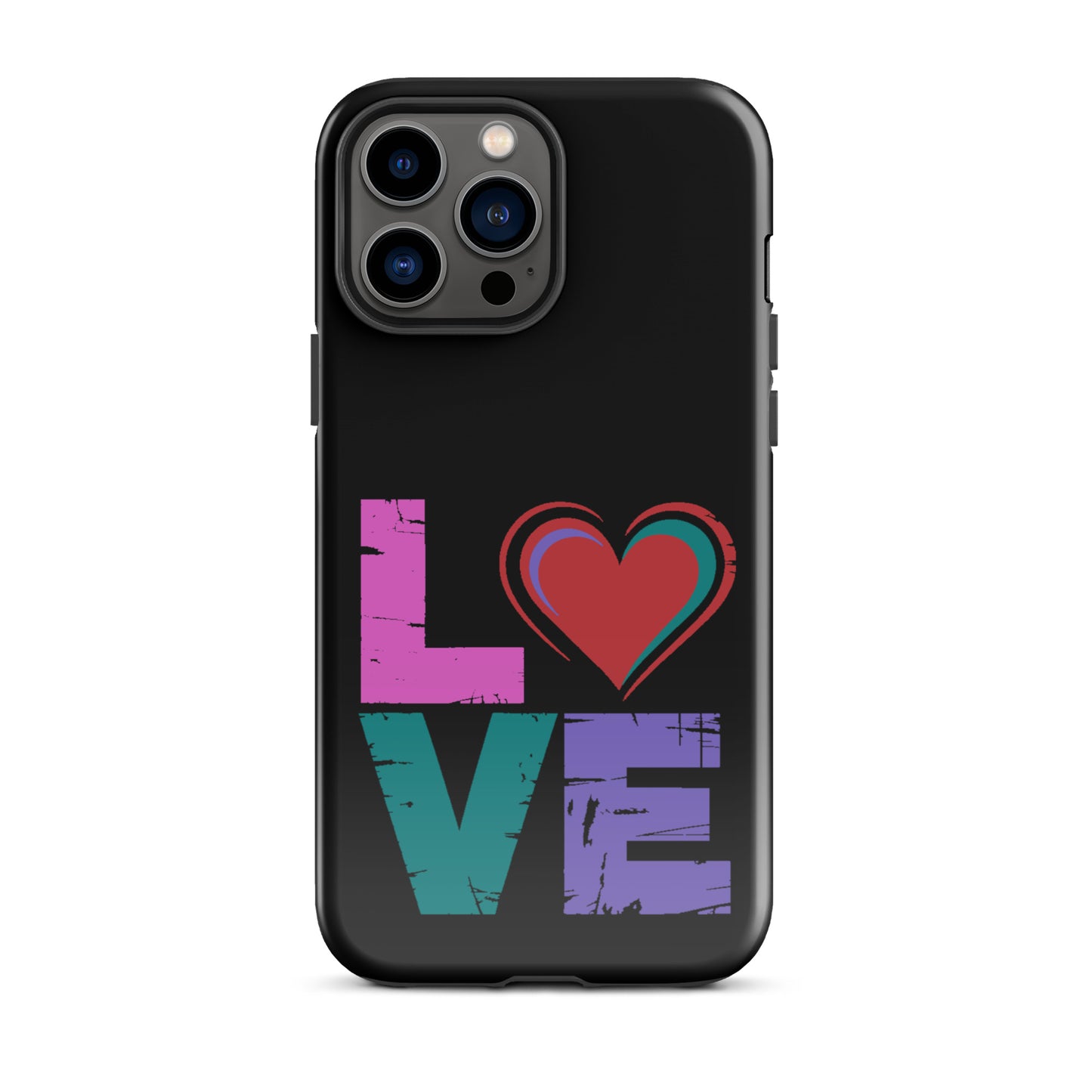Love Dual Layer Tough Case for iPhones with colorful 'LOVE' design featuring a heart.