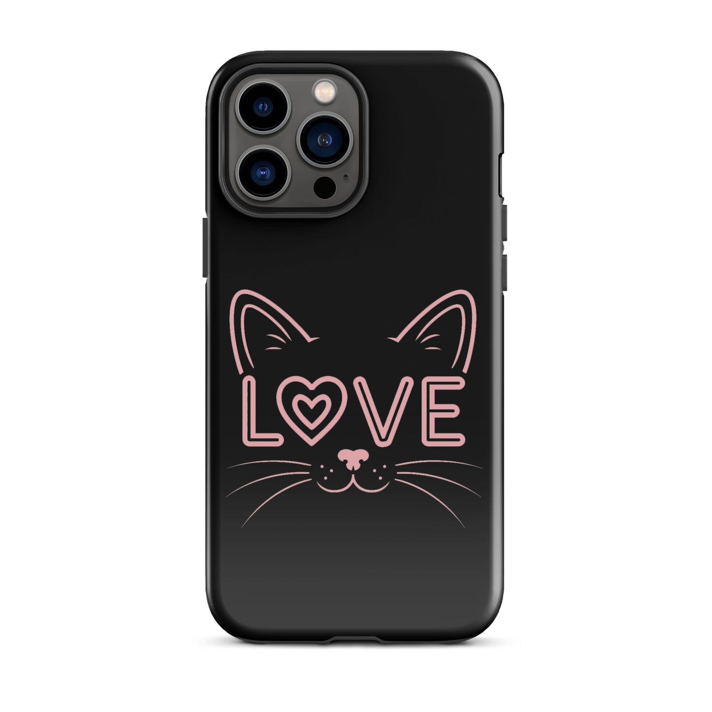 Cat Love phone case for iPhone with minimalist cat face design featuring the word "love" in pink outline.