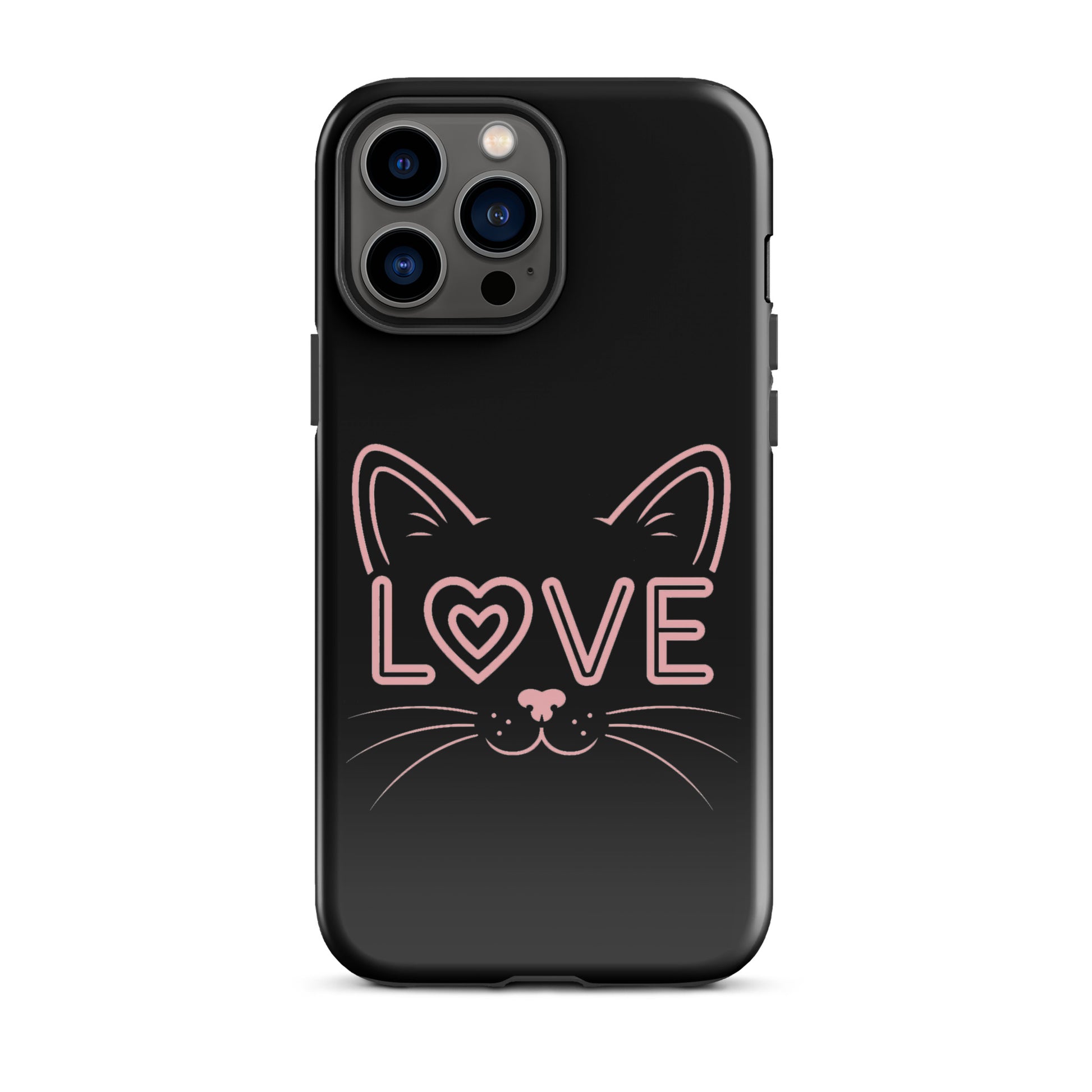 Cat Love phone case for iPhone with minimalist cat face design featuring the word "love" in pink outline.