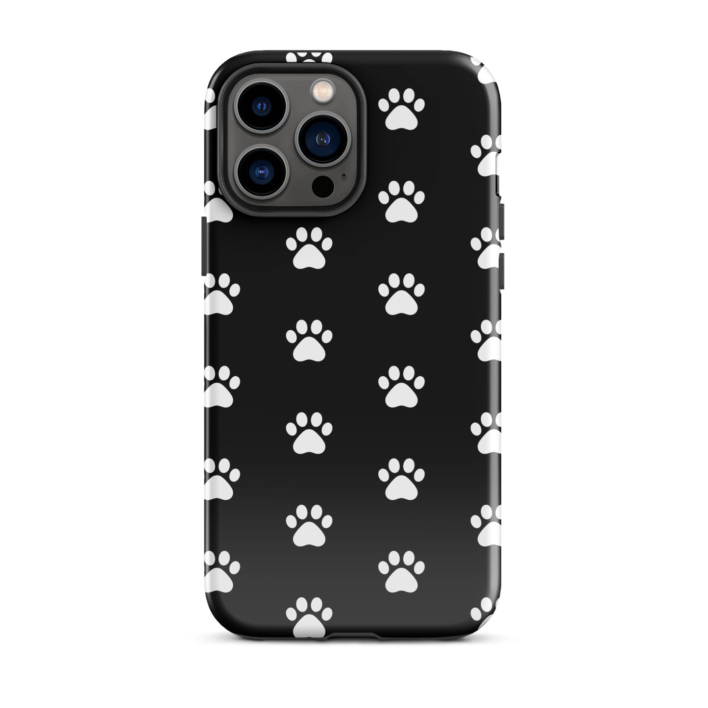 Phone Case for iPhone with stylish paw print design, perfect for pet lovers, featuring minimalist cat and dog paw icons on a black background.
