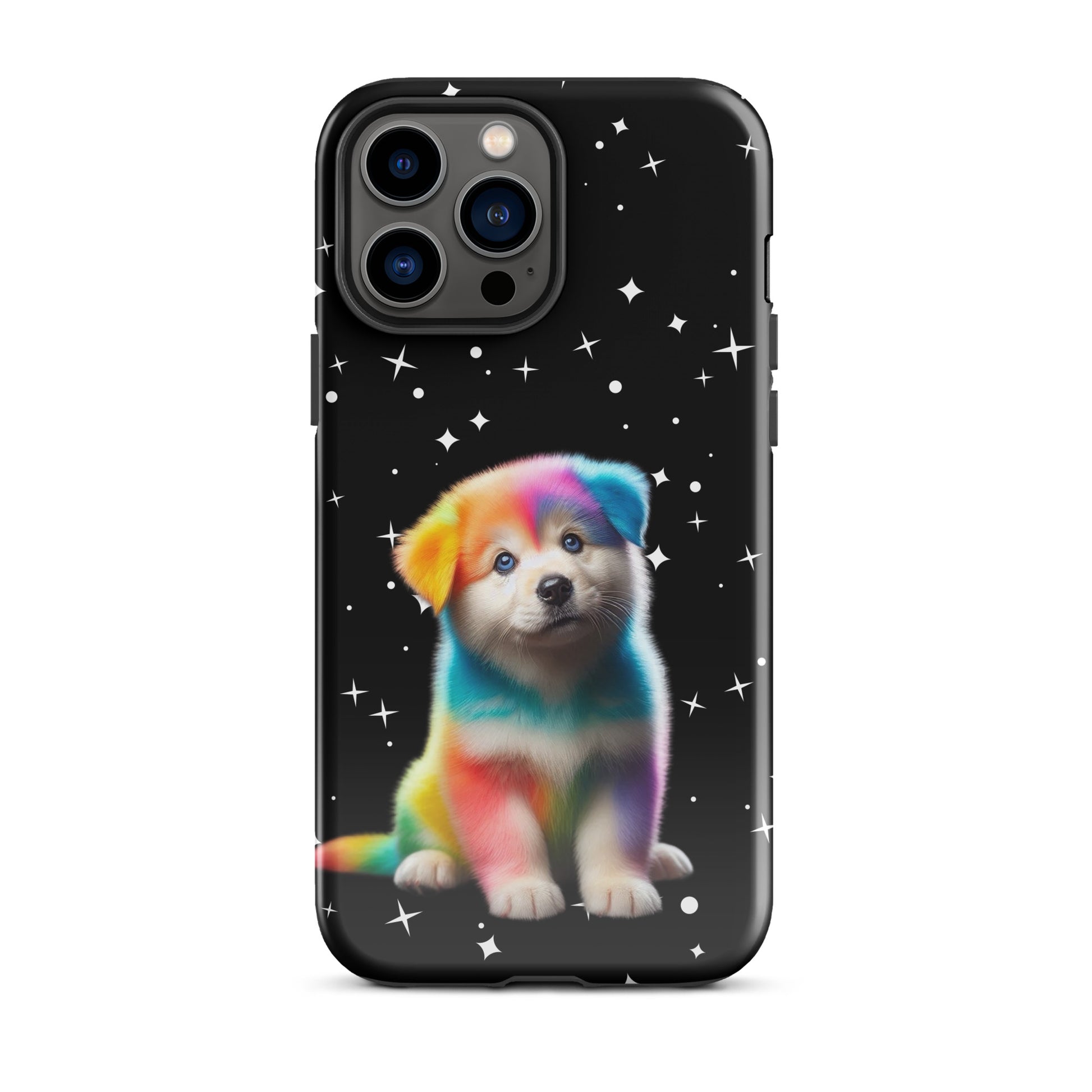 Phone Case for iPhone with rainbow puppy and starry night design, offering colorful protection and style.