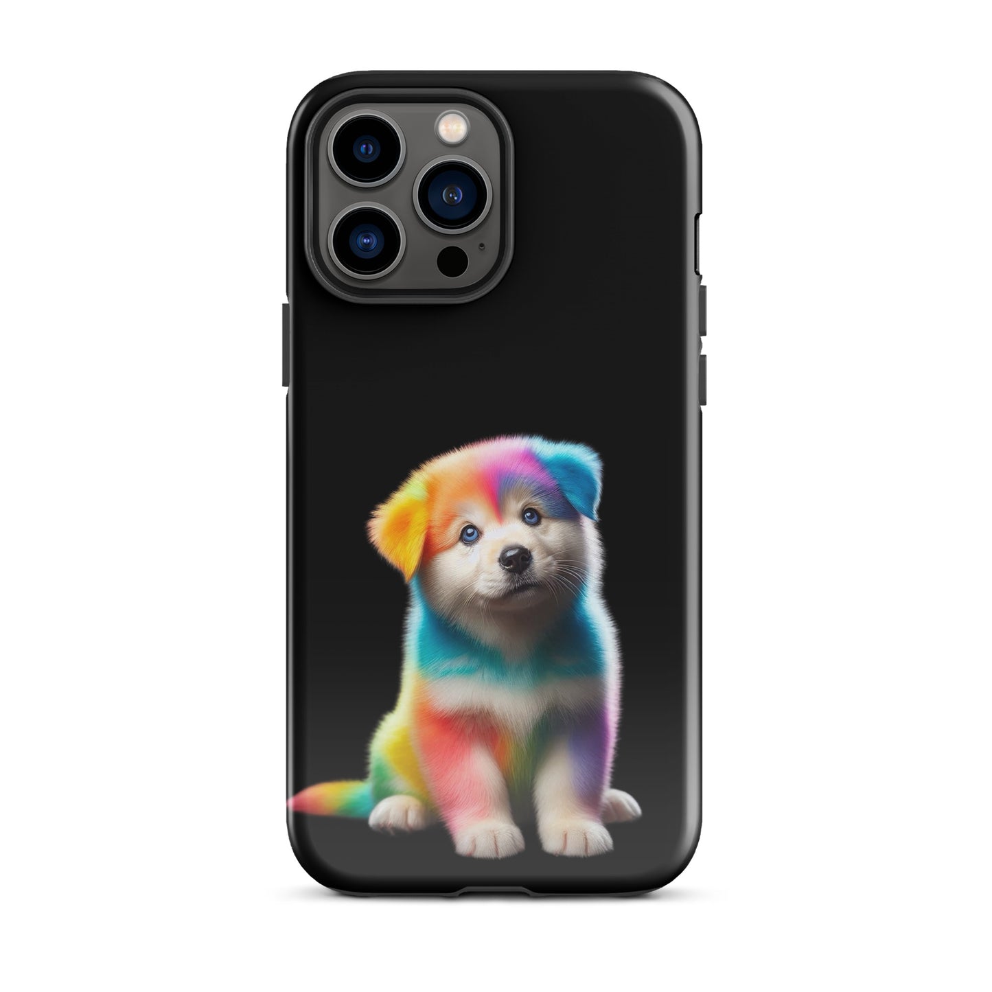 Phone Case featuring a rainbow-colored puppy design on a dark night sky background, blending playful fantasy with device protection.