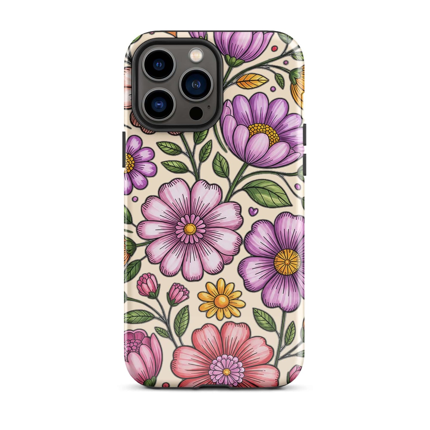 Phone Case for iPhone with pastel floral design, showcasing pink, peach, lavender, and yellow flowers on a sturdy, protective cover.