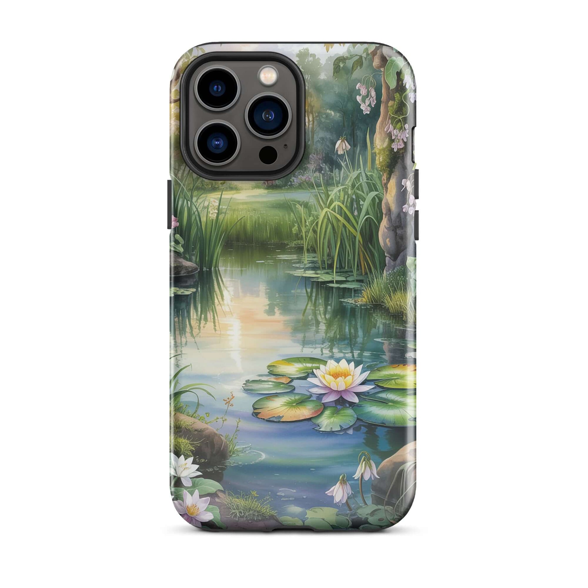 Phone Case for iPhone with enchanted pond design, featuring lily-dotted water, lush greenery, and dreamy wildflowers, sunset reflections.