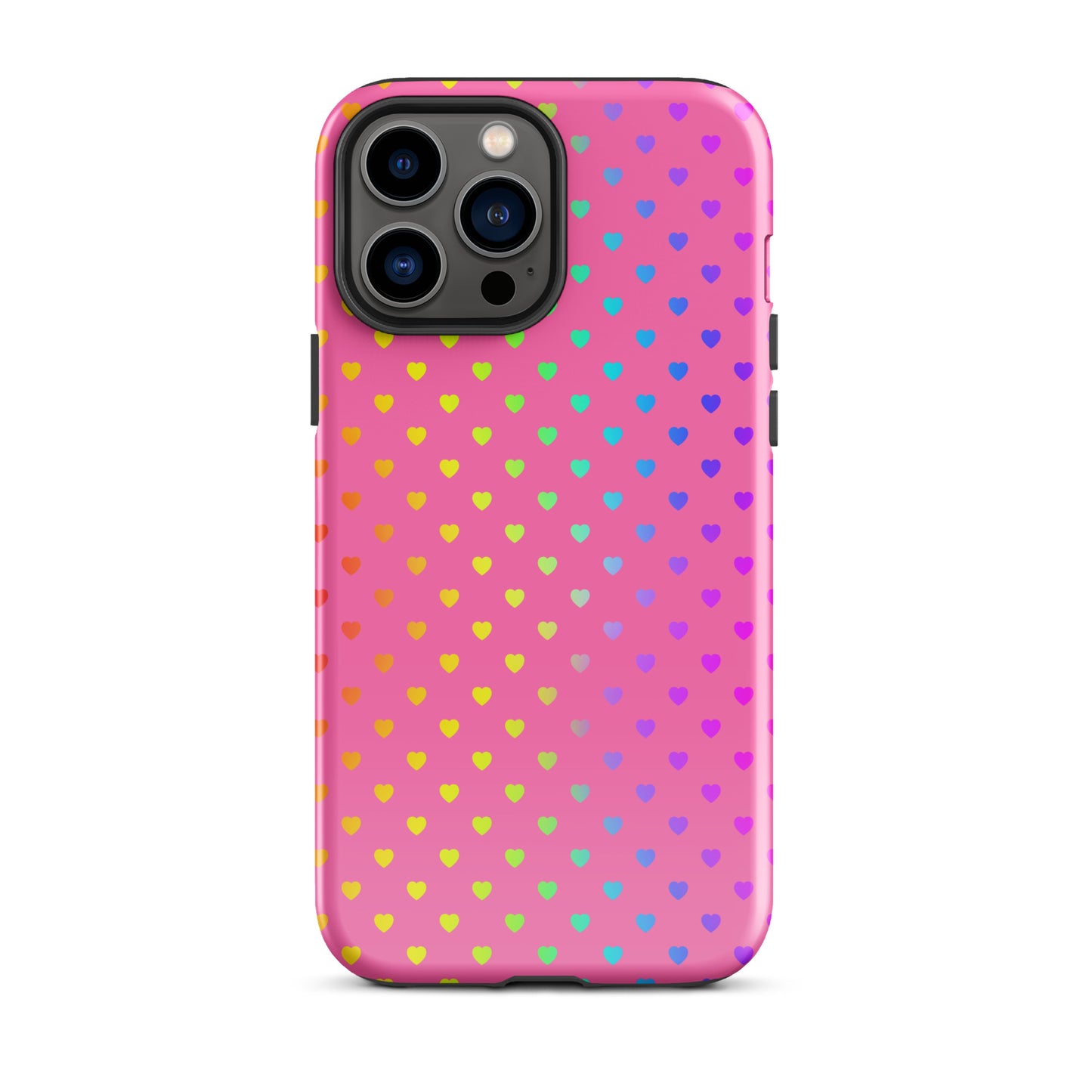 Phone Case for iPhone with cute rainbow hearts on a pink background, showcasing a colorful and playful design.