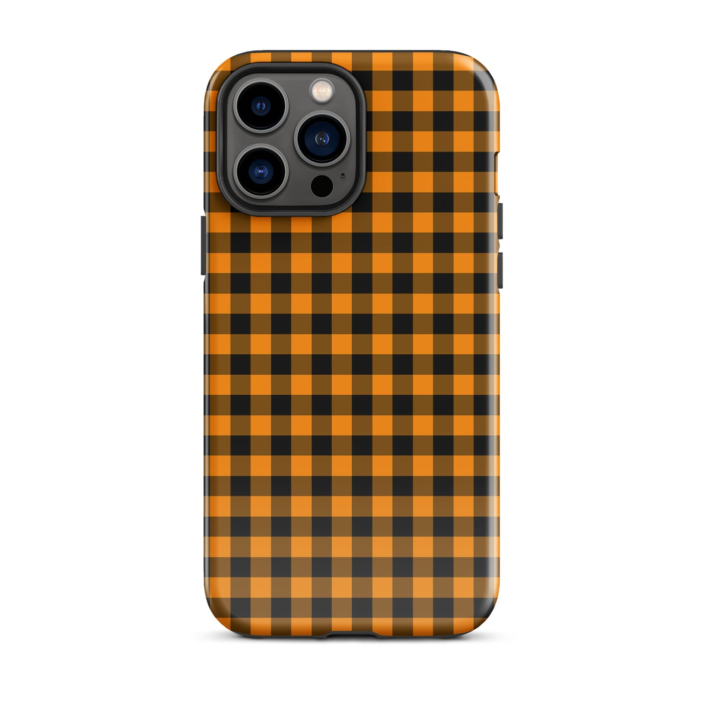 Phone case with black-and-orange gingham autumn theme for iPhone. Stylish and durable accessory.