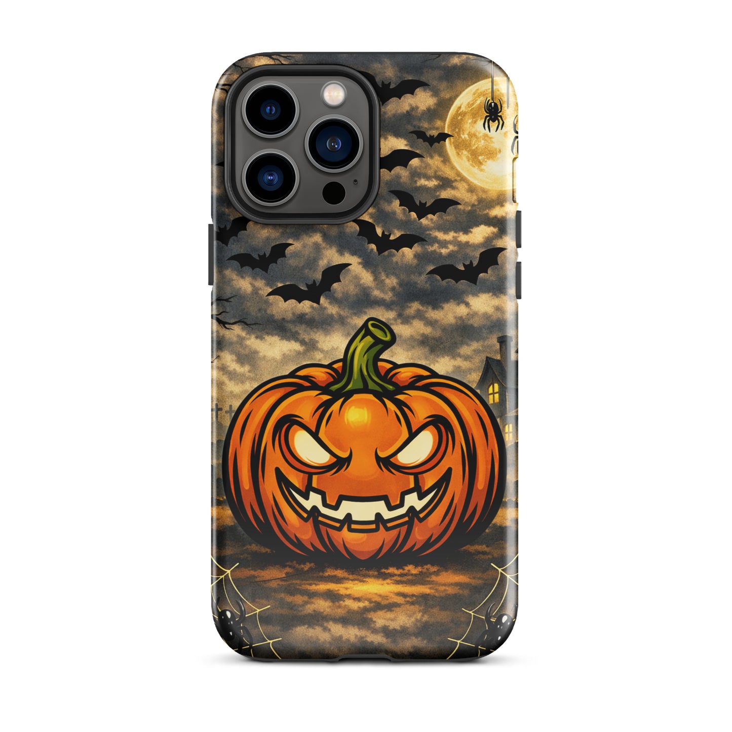 Phone Case for iPhone with haunted pumpkin, moonlit bats, and spooky Halloween scene.