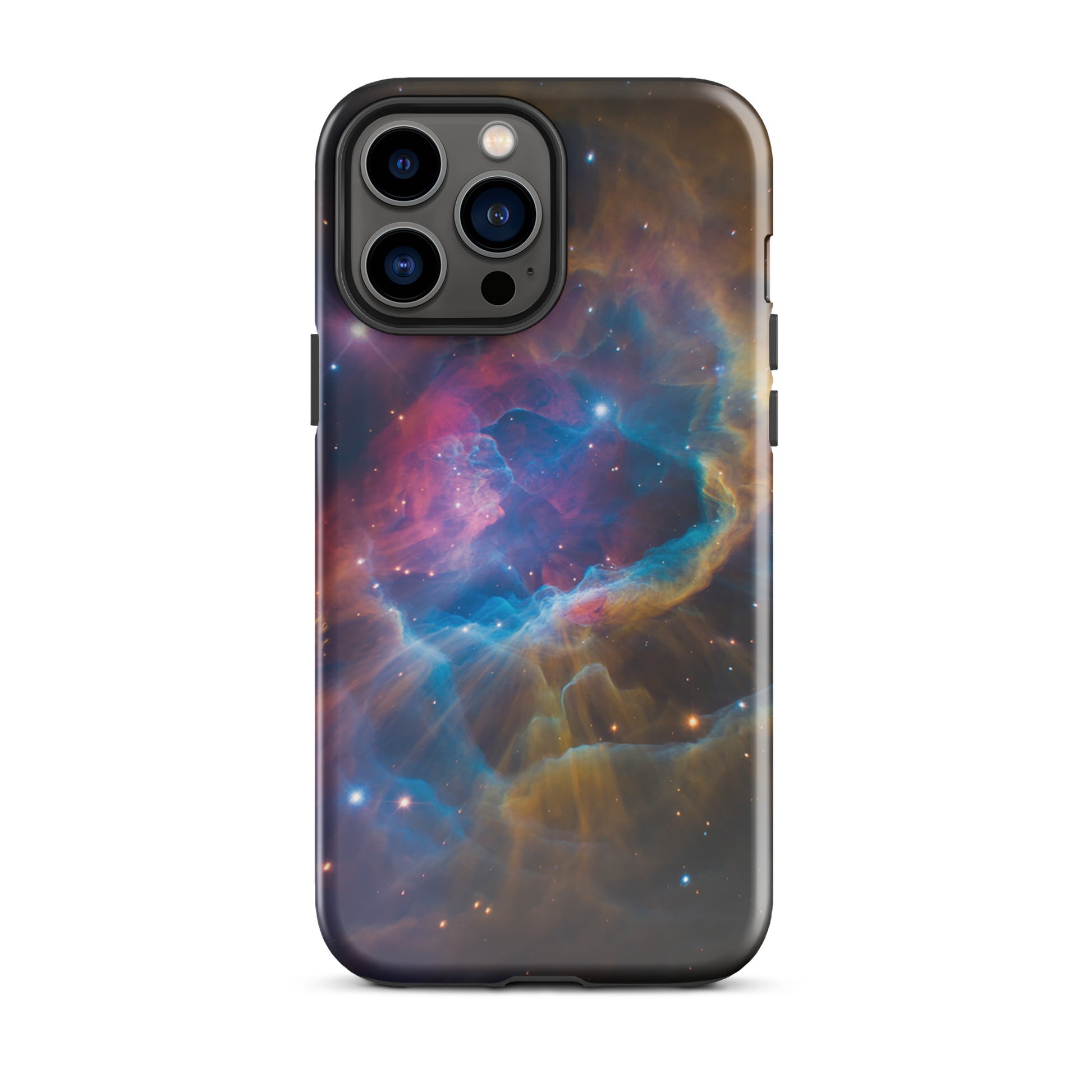 Nebula Cosmic Dreamscape Starburst Edition Phone Case for iPhone showcasing vibrant nebulous designs with electric blues and fiery oranges.