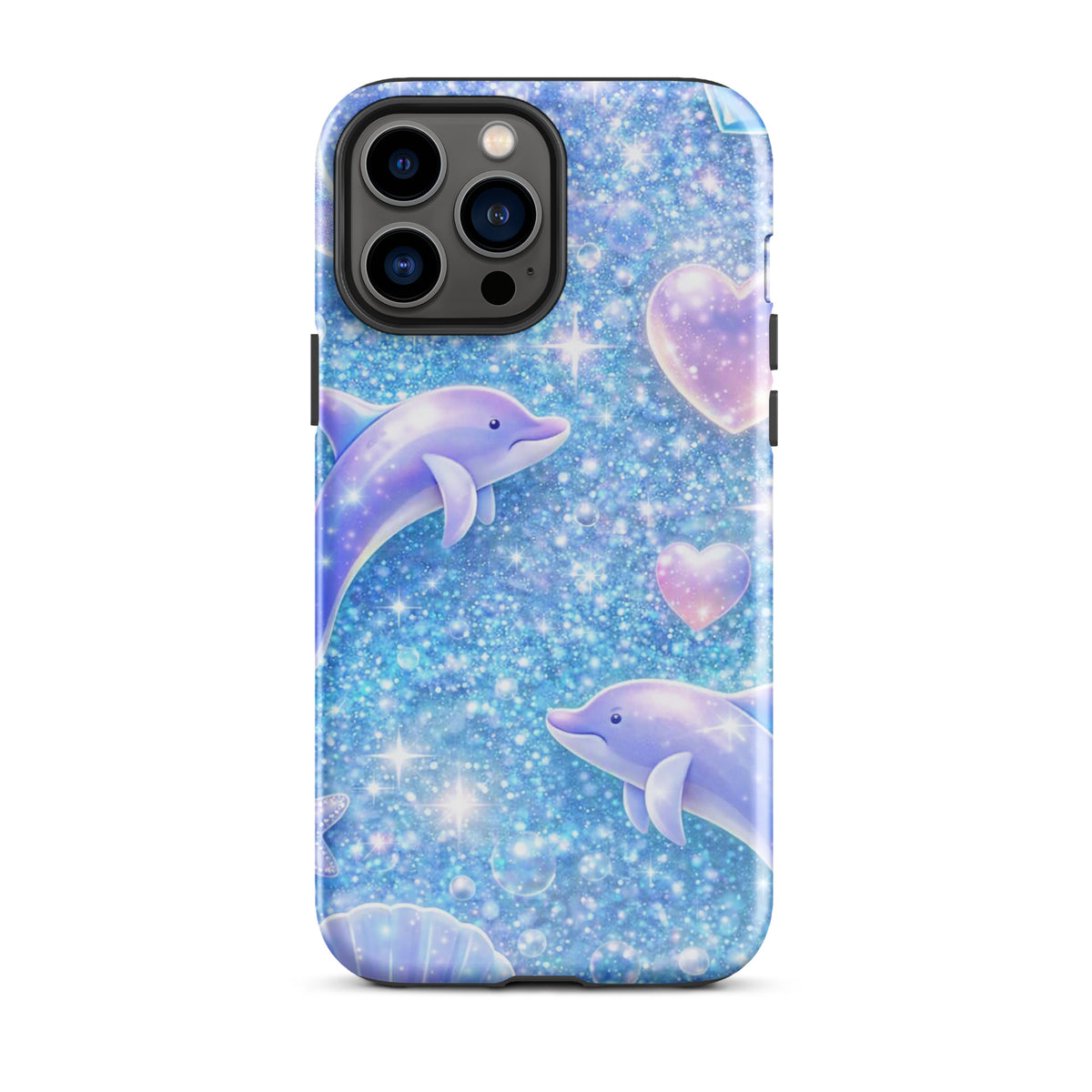 Phone Case for iPhone featuring ocean glitter with dolphins, seashells, and celestial designs in a dreamy, magical style.