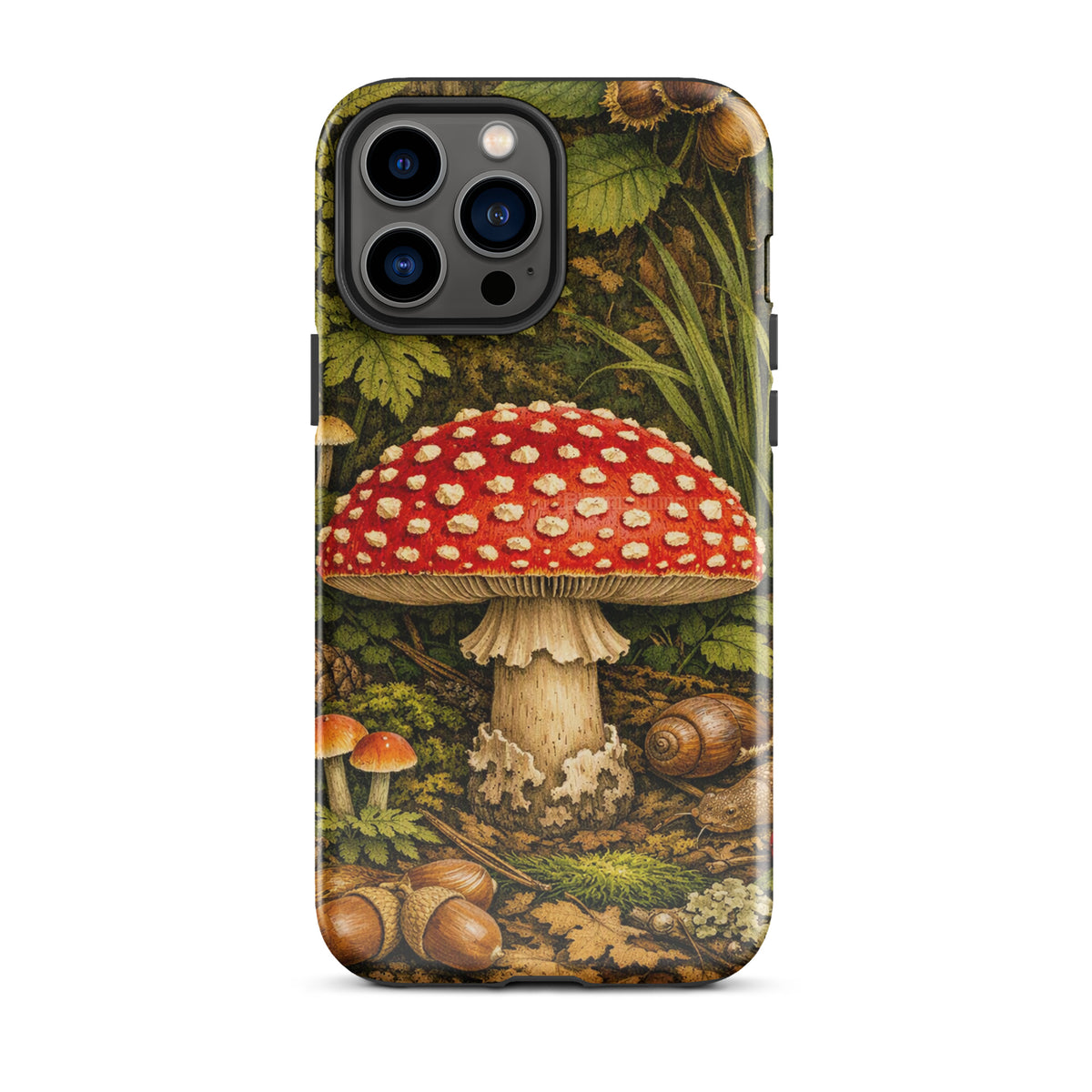 Phone Case for iPhone featuring Amanita muscaria mushroom with red cap and white spots in a lush forest design.