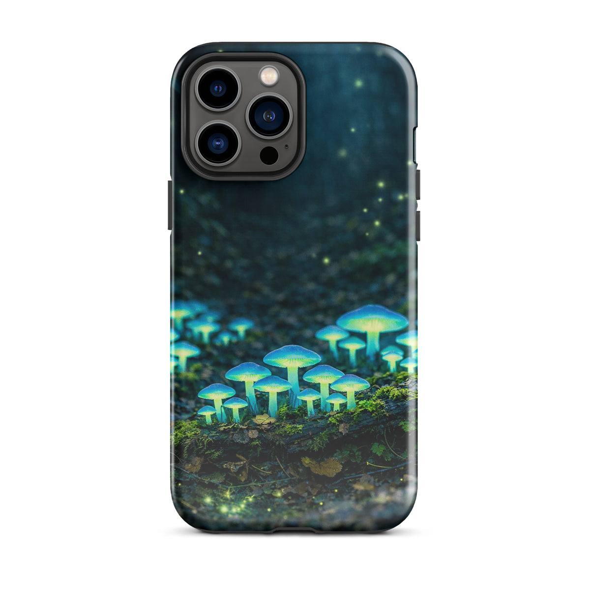Phone Case featuring glowing forest mushrooms with ethereal blue-green light, perfect for iPhone, mystical and enchanting design.