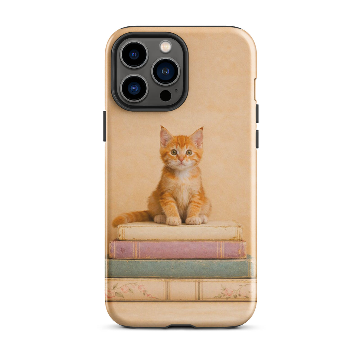 Phone Case for iPhone with cozy kitten on vintage books design, featuring an orange tabby sitting on pastel books. Model xx219.