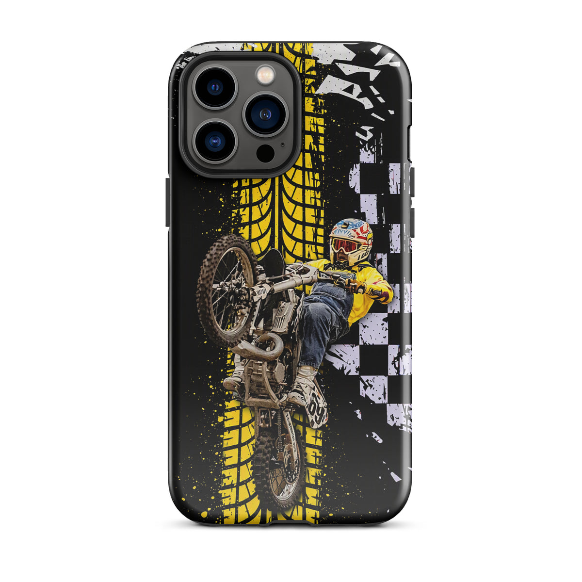 Phone Case for iPhone with Ronnie Mac air-wheelie design, featuring a yellow tire track, black and white checkerboard pattern.