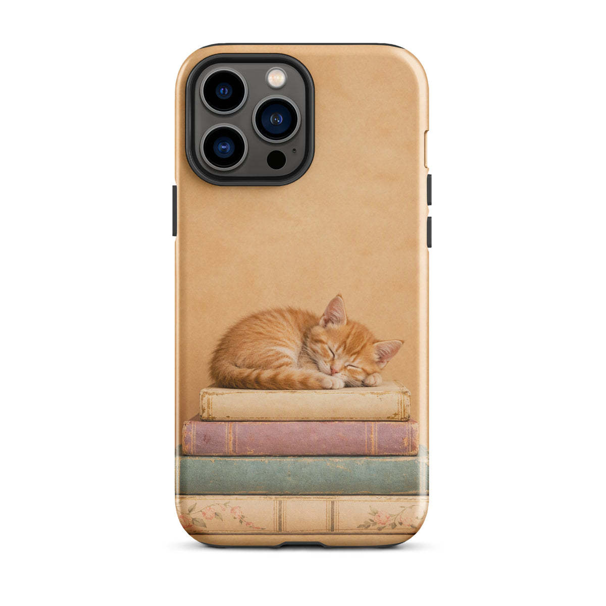 Phone Case for iPhone with sleeping kitten on vintage books illustration, orange cat on book stack, cozy and charming design
