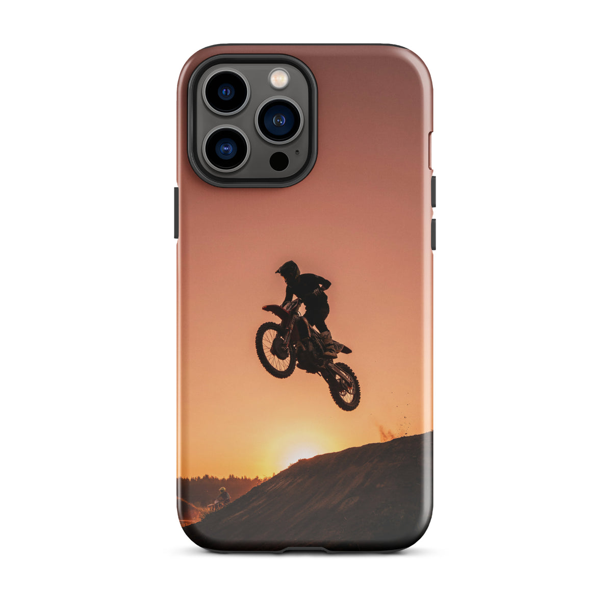 Phone Case with motocross sunset design featuring dirt bike jump in warm copper and orange hues for iPhone.