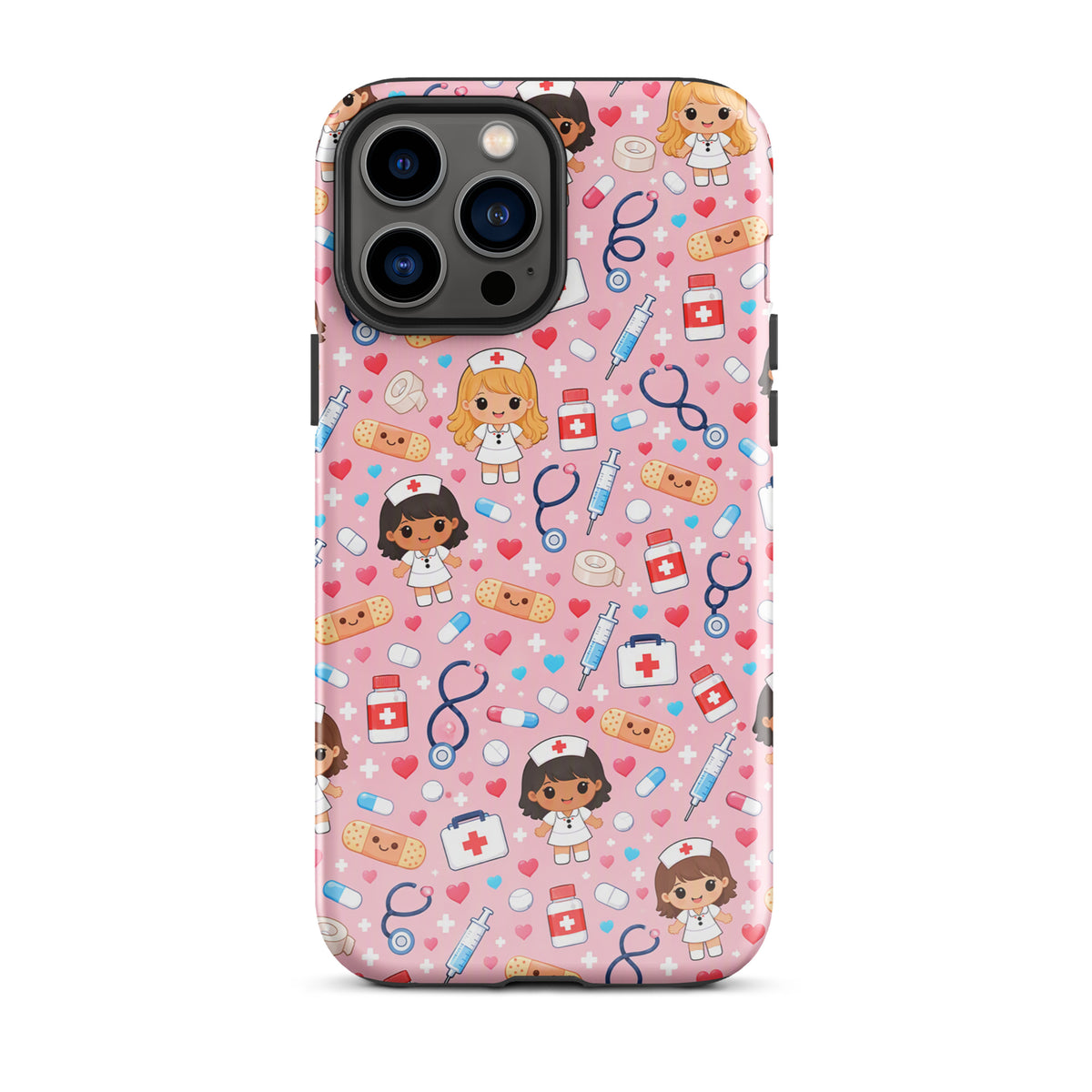 Phone Case with Kawaii Nurse Medical Pattern on light pink, featuring stethoscopes, syringes, medicine bottles, and nurse characters.