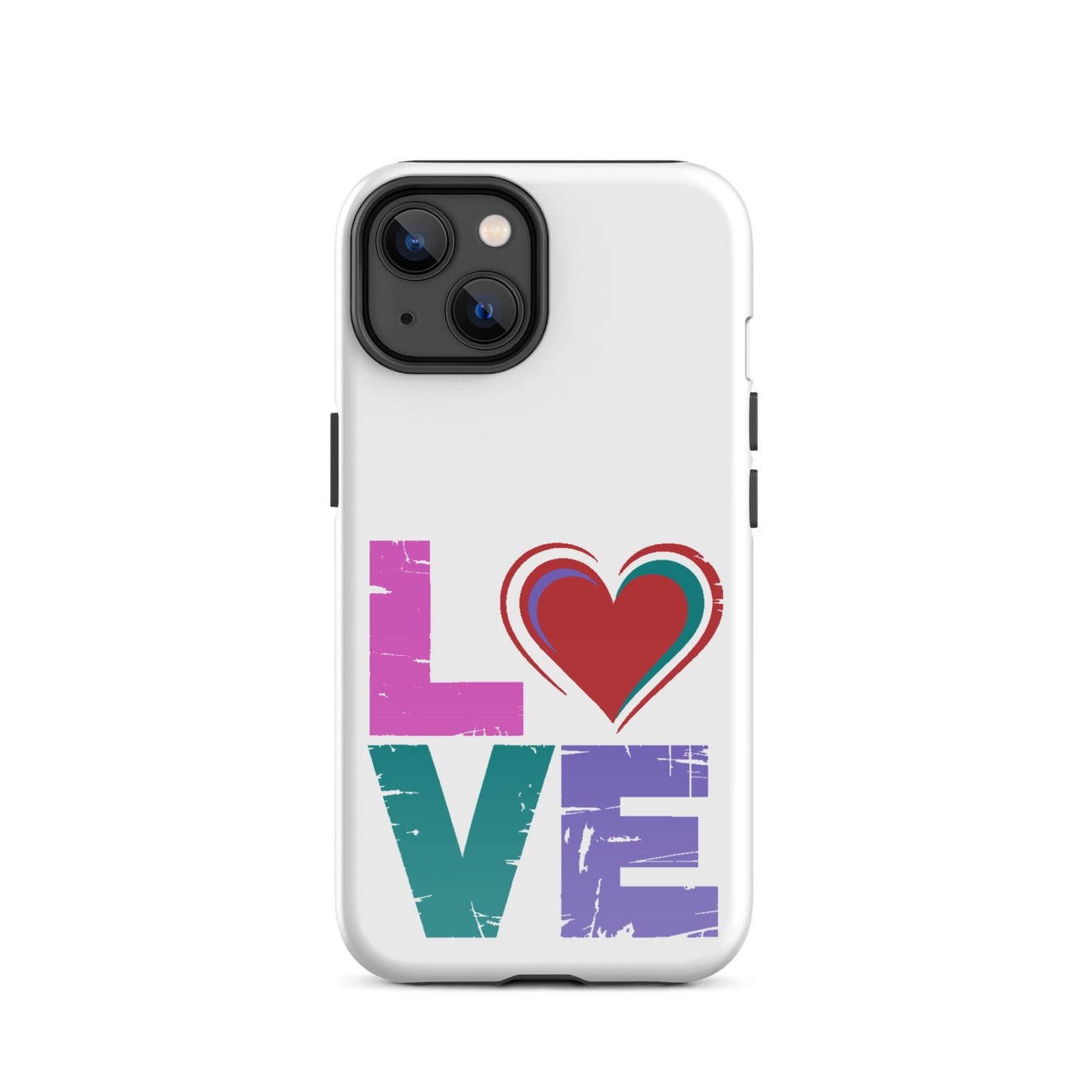 Love Tough Dual Layerd Case for iPhones featuring colorful word 'LOVE' with a heart.