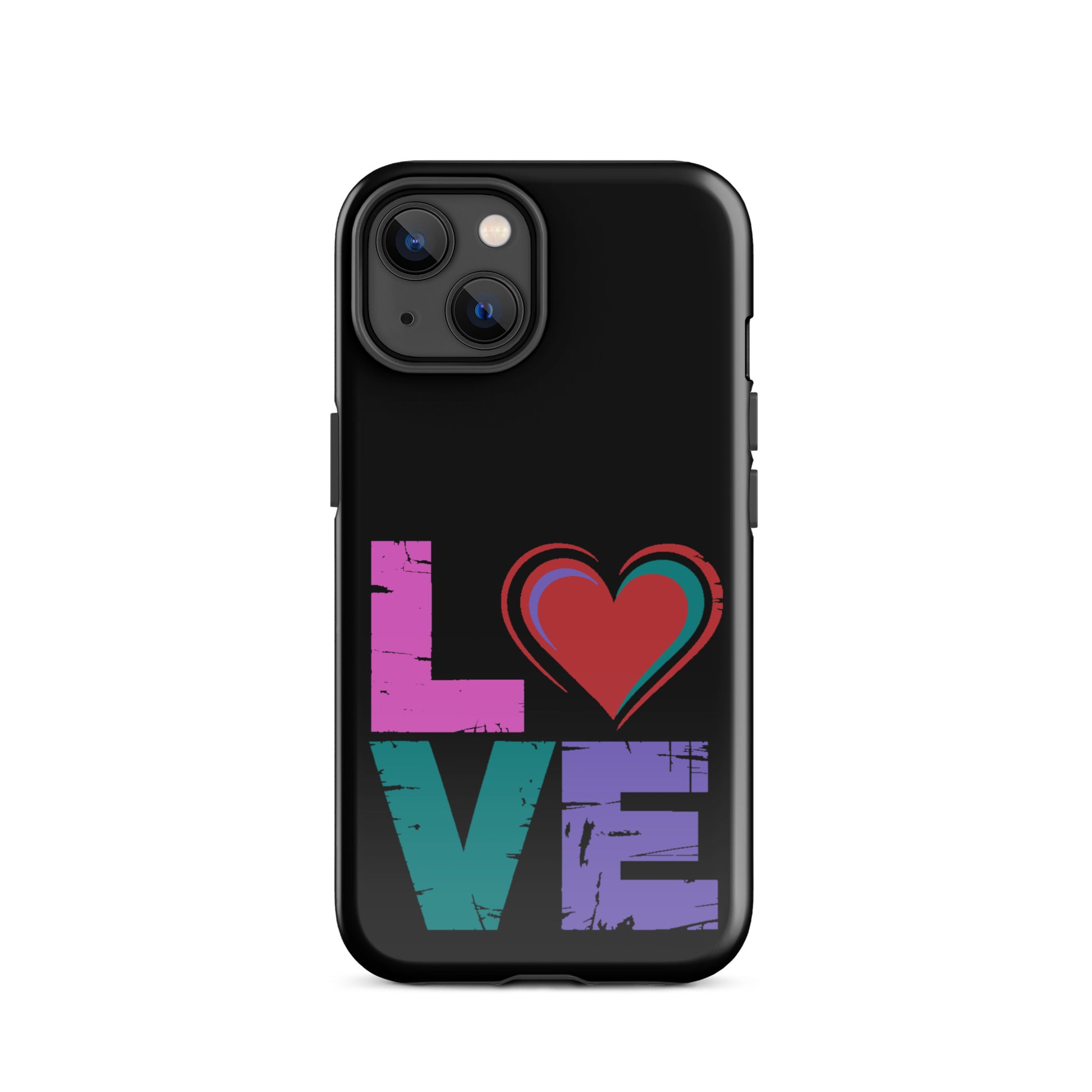 Love Tough Dual Layered Case for iPhones featuring a heart design on a black background.
