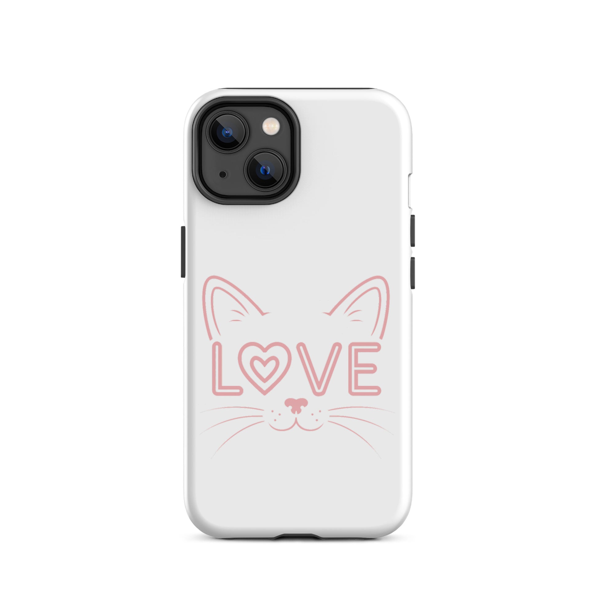 Cat Love phone case featuring a minimalist cat face and the word 'LOVE' in a modern design.
