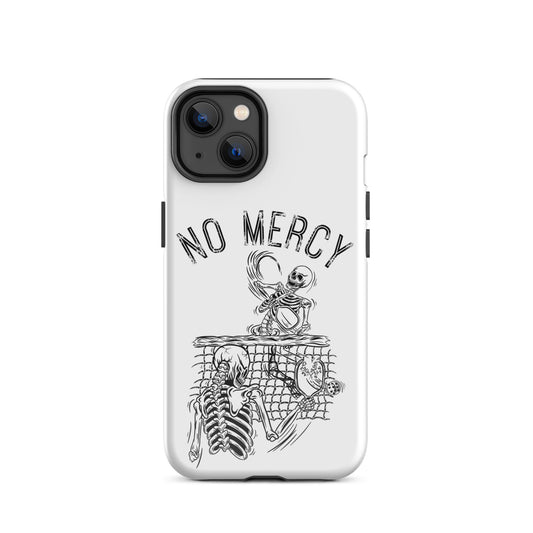 Pickleball iPhone case with 'No Mercy' design featuring playful skeletons and a tennis net.