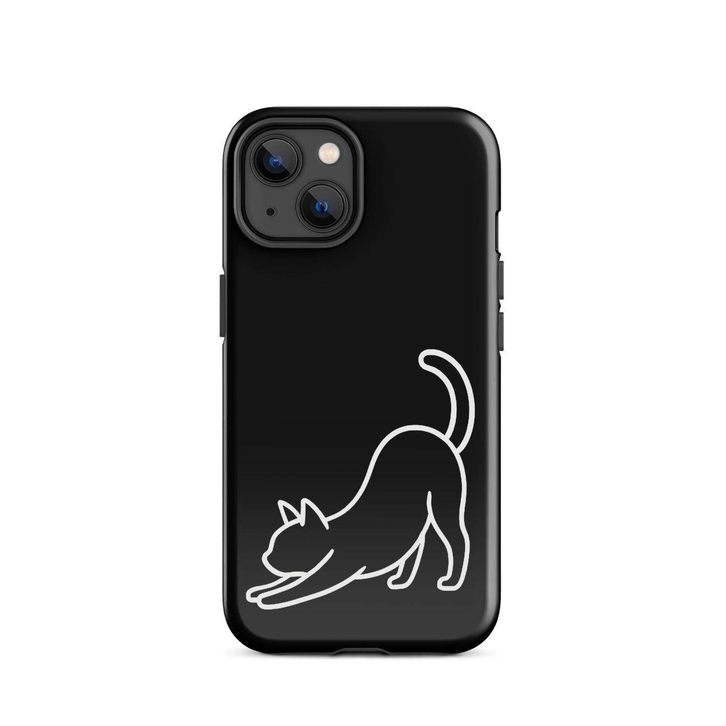 Phone Case featuring a minimalist stretching cat design on a black background with dual-layer protection.