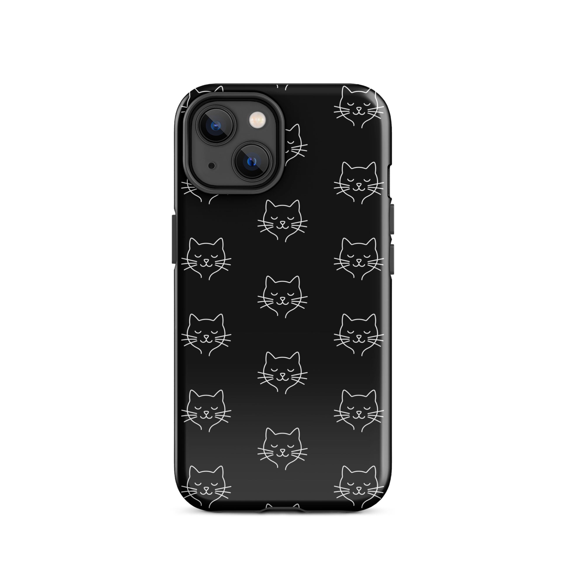 Phone Case for iPhone featuring a cute minimalist cat pattern design on a black background.