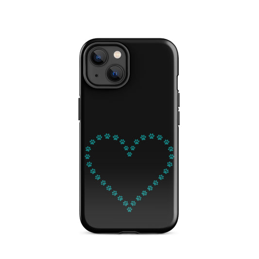 Phone Case for iPhone with cute paw print heart design for pet lovers in teal on a black background.