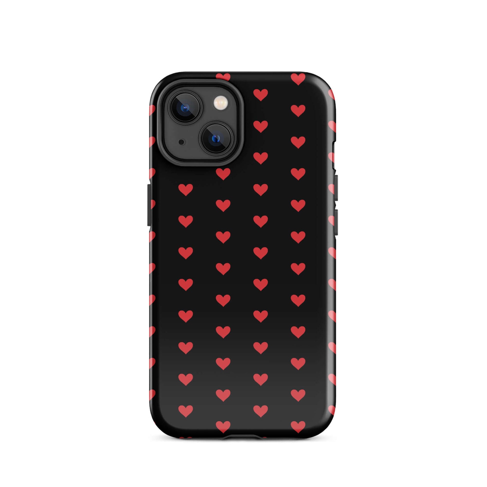Phone Case for iPhone featuring a pattern of fiery red hearts on a sleek black background.