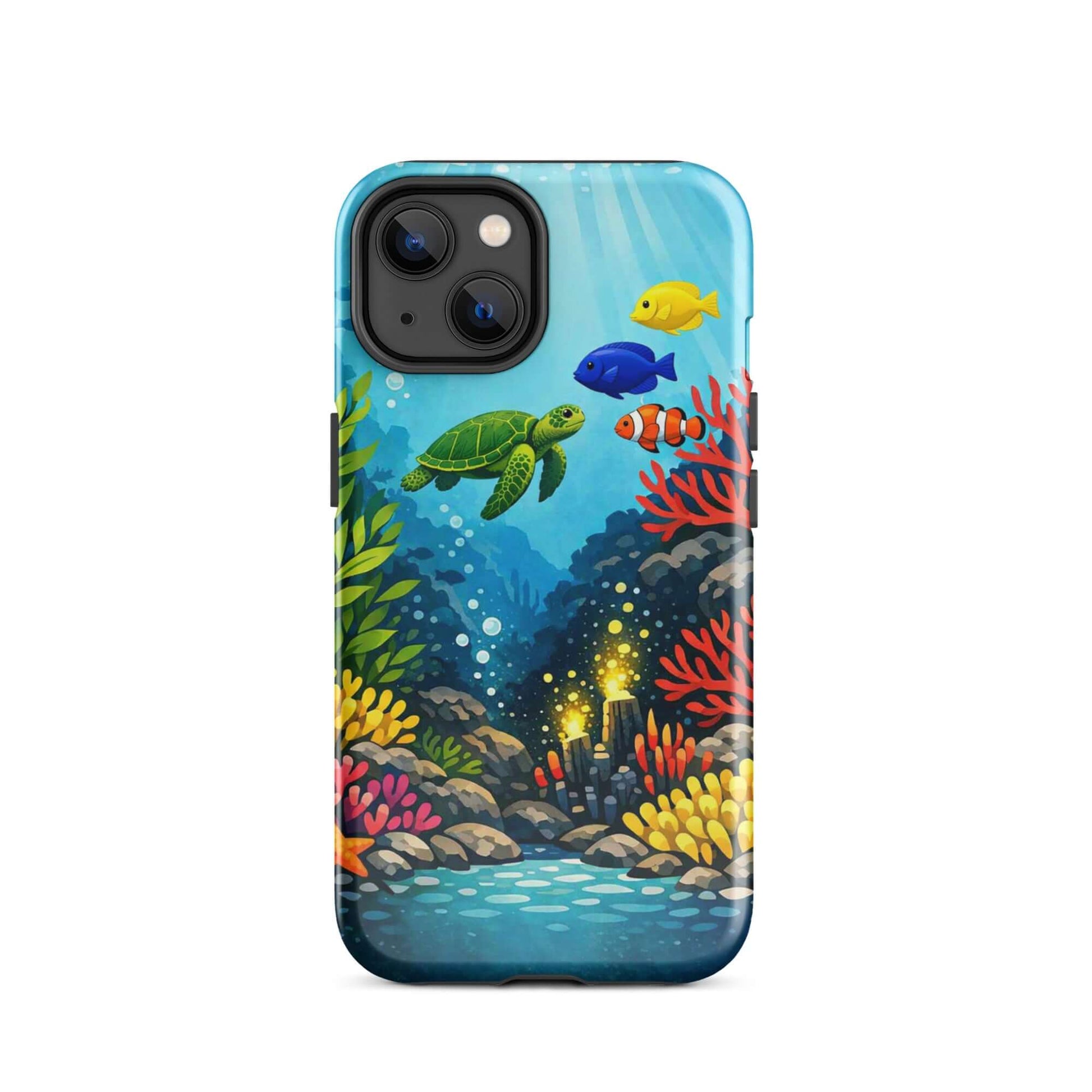 Phone case for iPhone featuring vibrant sea turtle and colorful coral reef design with tropical fish.