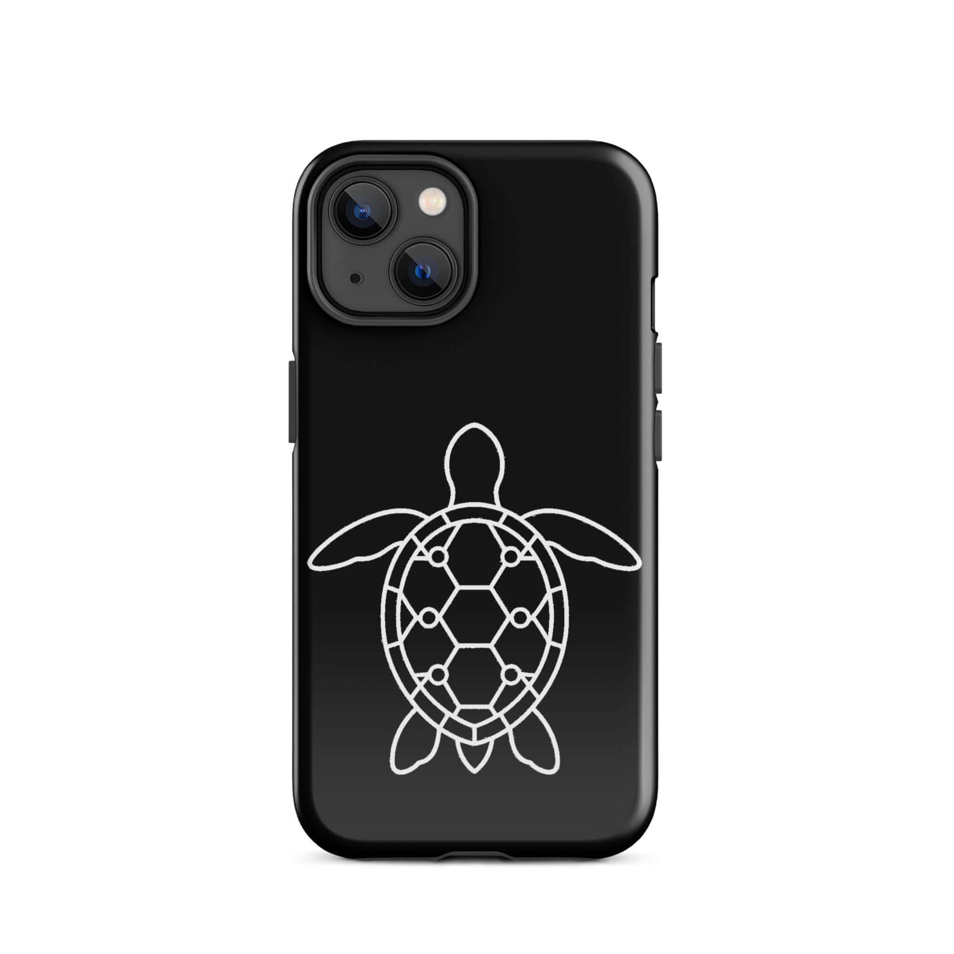 Phone case featuring a minimalist sea turtle silhouette and geometric shell pattern in white on a black background.