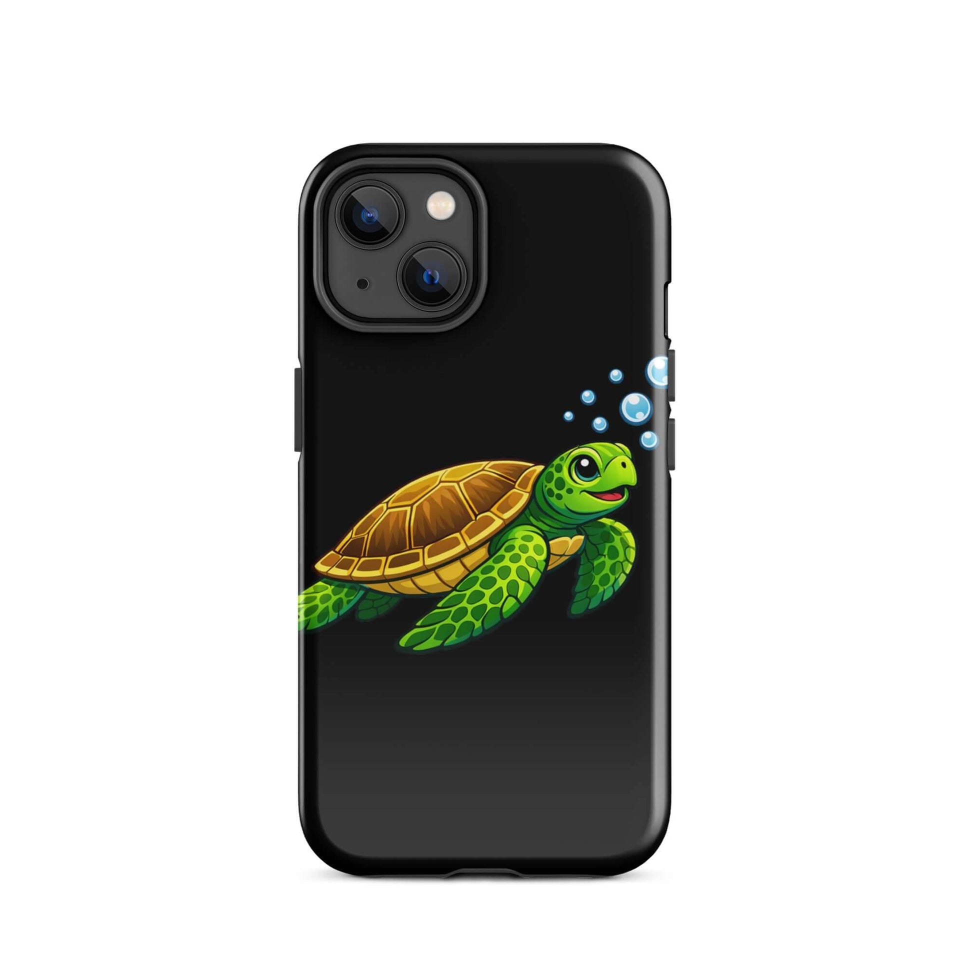 Phone Case featuring vibrant sea turtle artwork with playful bubbles and a black background.