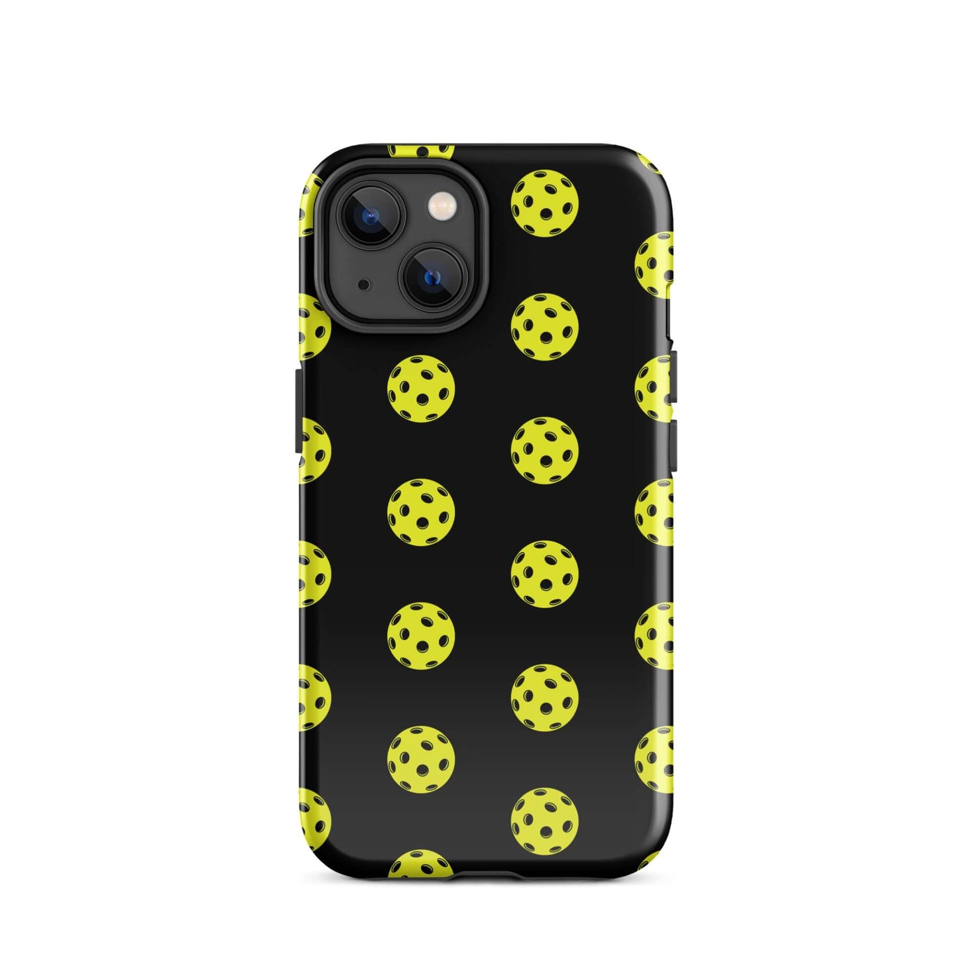 Phone Case for iPhone featuring a bold pickleball pattern in yellow and black, perfect for sports enthusiasts.