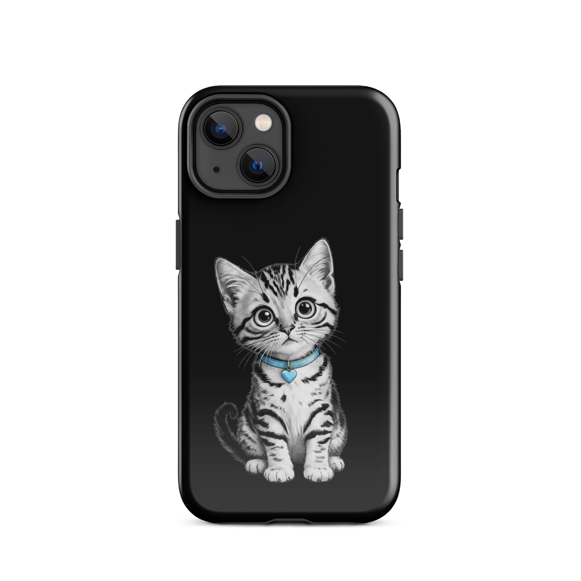 Phone Case for iPhone with kitten sketch and blue heart charm.