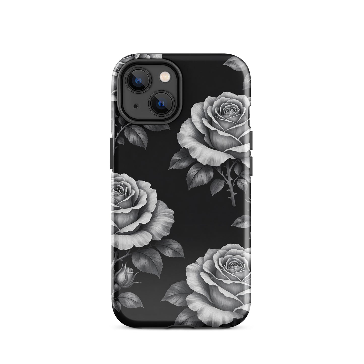 Phone Case for iPhone with rose garden design in black and white, featuring hand-sketched roses and leaves on a dark background.