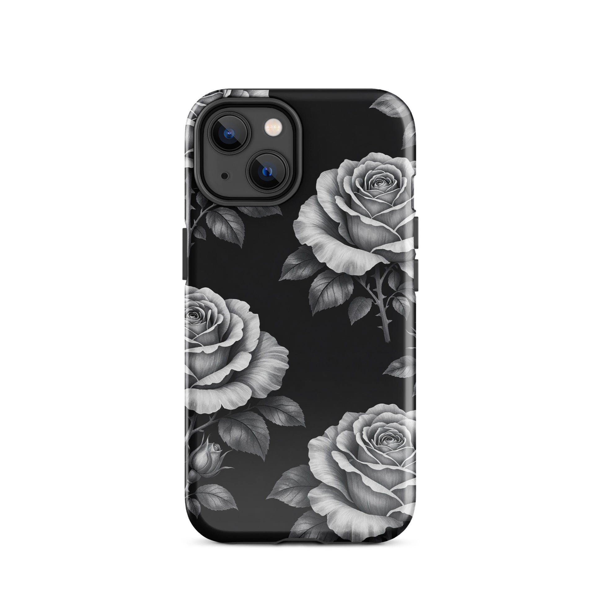 Phone Case for iPhone with rose garden design in black and white, featuring hand-sketched roses and leaves on a dark background.