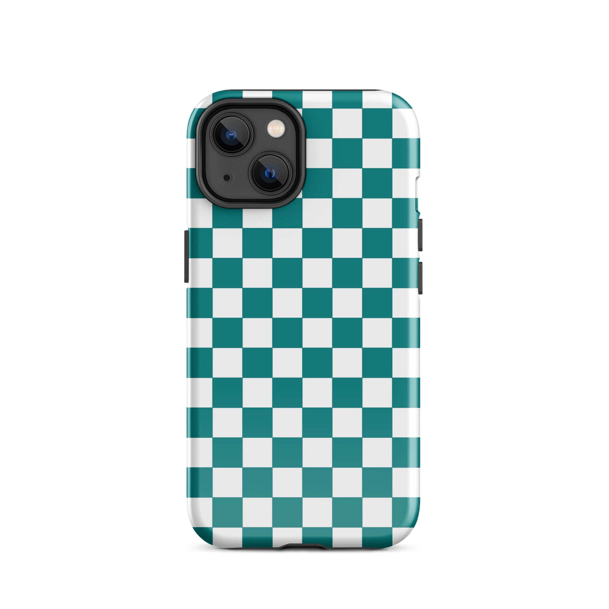 Phone Case with teal and white checkered design for iPhone, adding a stylish and playful vibe to your device.