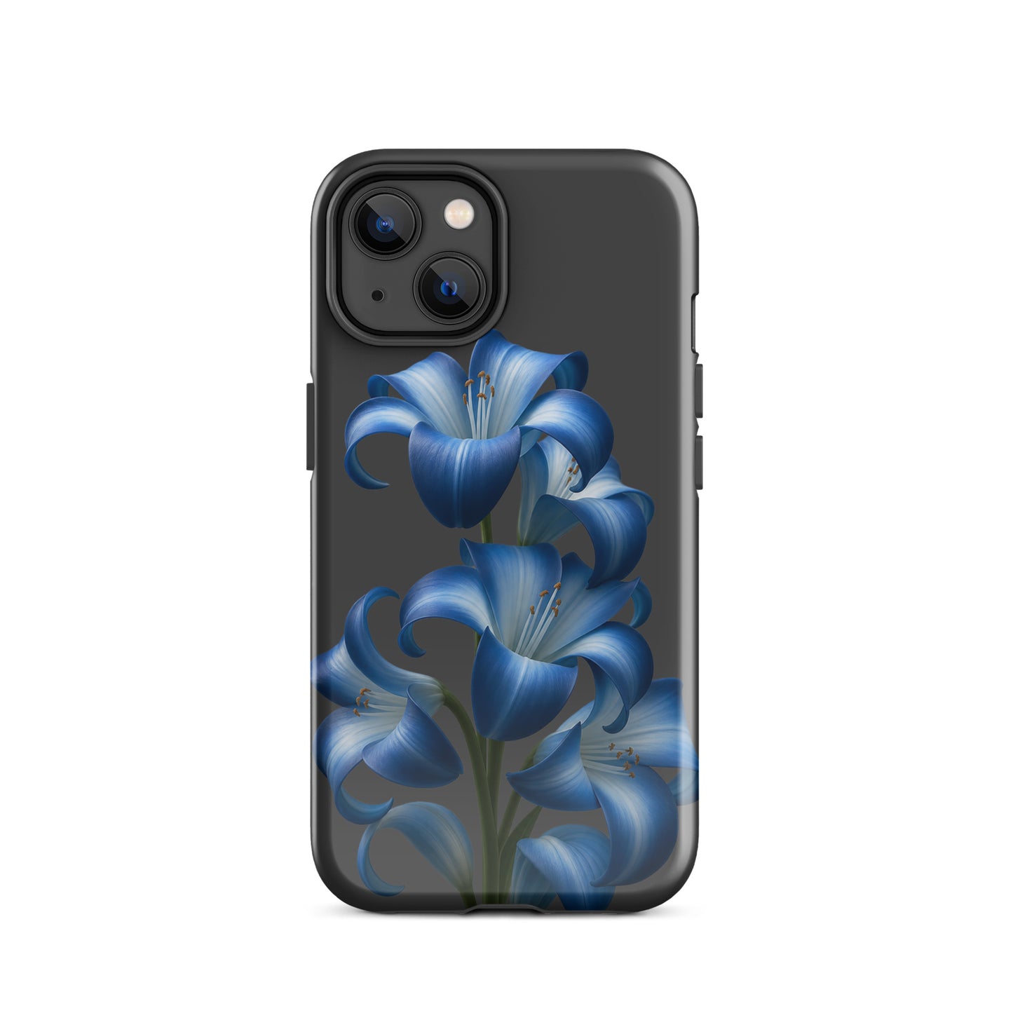 Phone Case with Blue Lily Bloom Art for iPhone, featuring a dual-layer design and vibrant floral pattern on a sleek dark backdrop for protection.