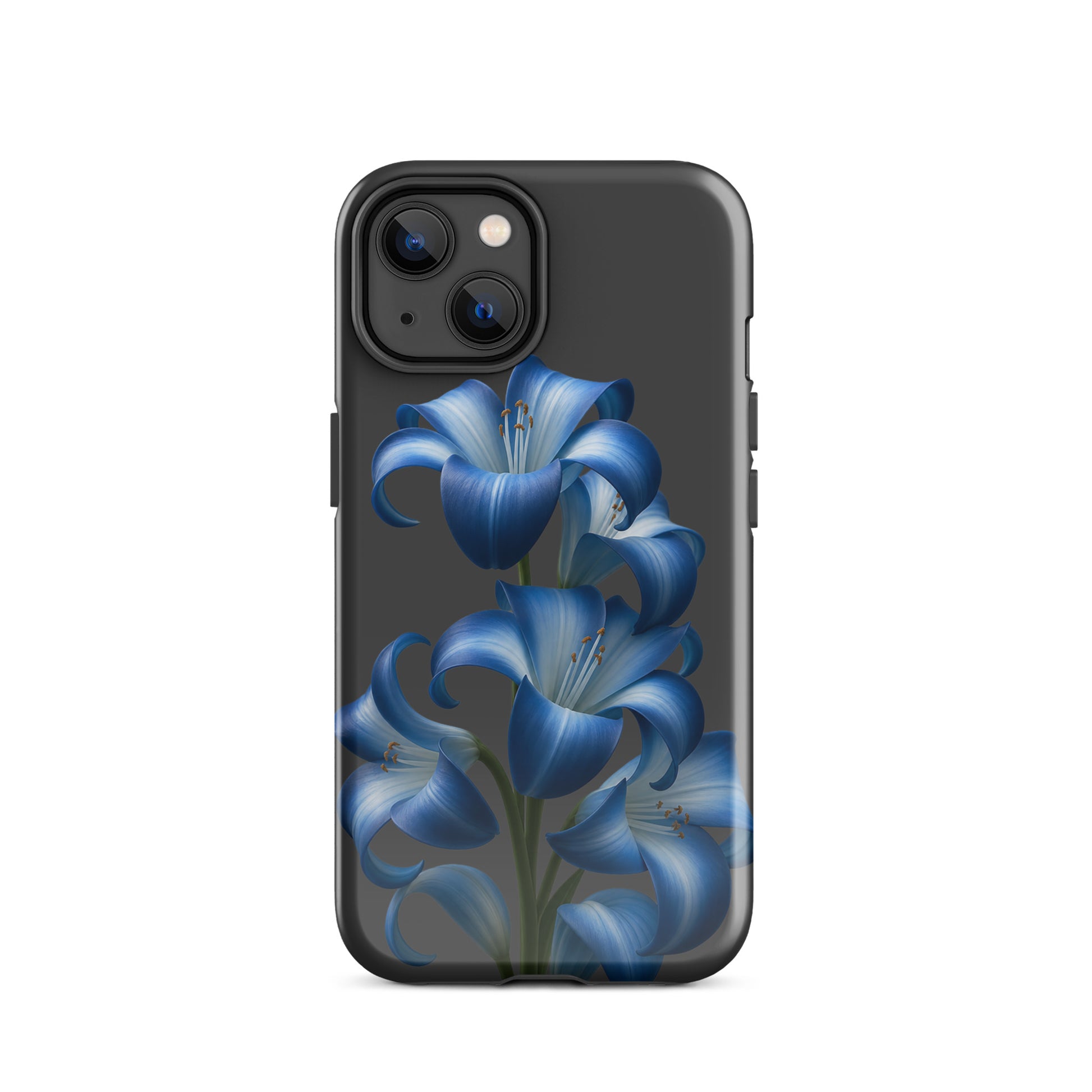 Phone Case with Blue Lily Bloom Art for iPhone, featuring a dual-layer design and vibrant floral pattern on a sleek dark backdrop for protection.