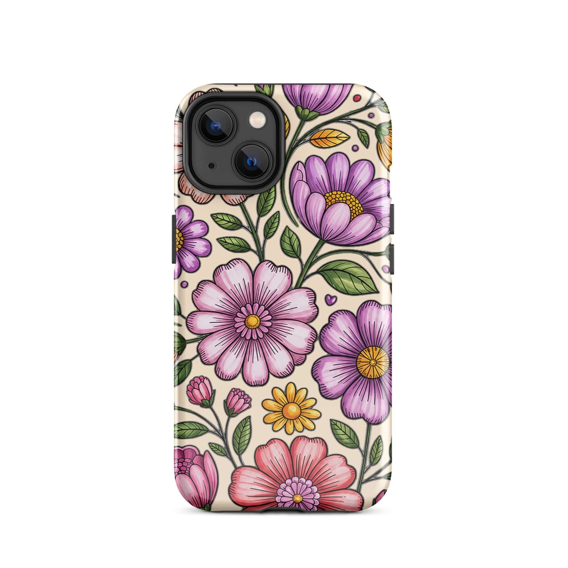 Phone Case for iPhone with pastel floral design, featuring pink, peach, lavender, and yellow flowers on a durable, impact-resistant shell.