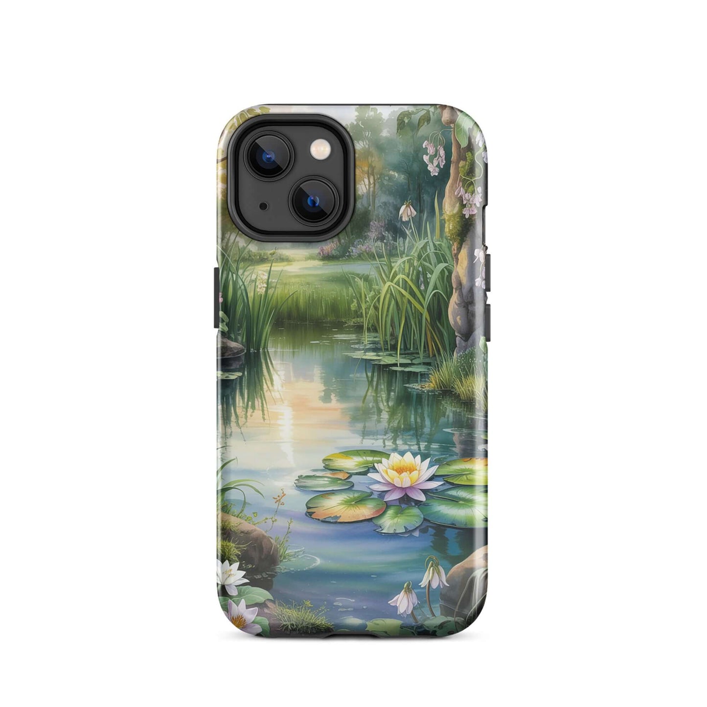 Phone Case for iPhone with Enchanted Pond design featuring lily pads, greenery, and sunset reflections.