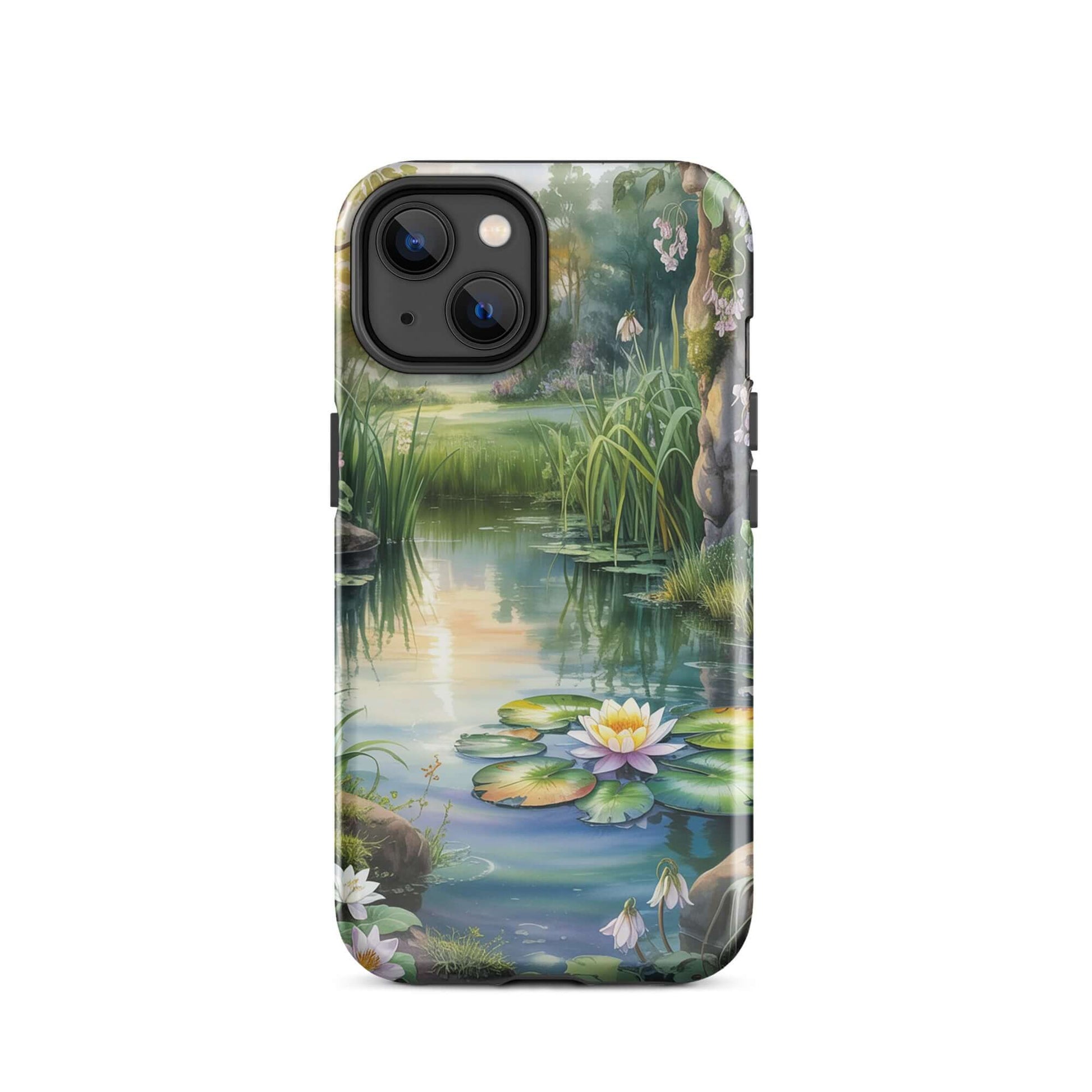 Phone Case for iPhone with Enchanted Pond design featuring lily pads, greenery, and sunset reflections.