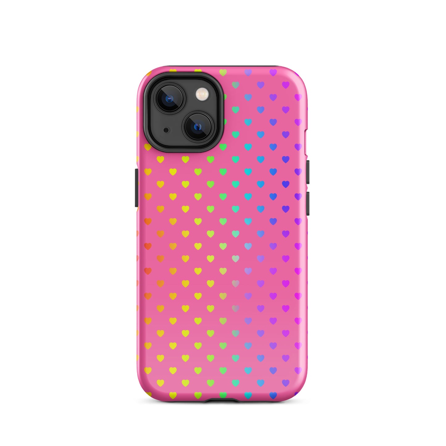 Phone Case for iPhone with cute rainbow heart design on pink backdrop, offering vibrant color and durable dual-layer protection.