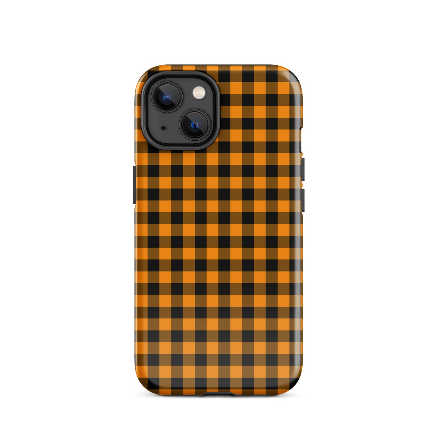 Black-and-orange gingham autumn theme phone case for iPhone, blending playful charm with durability and luxury.