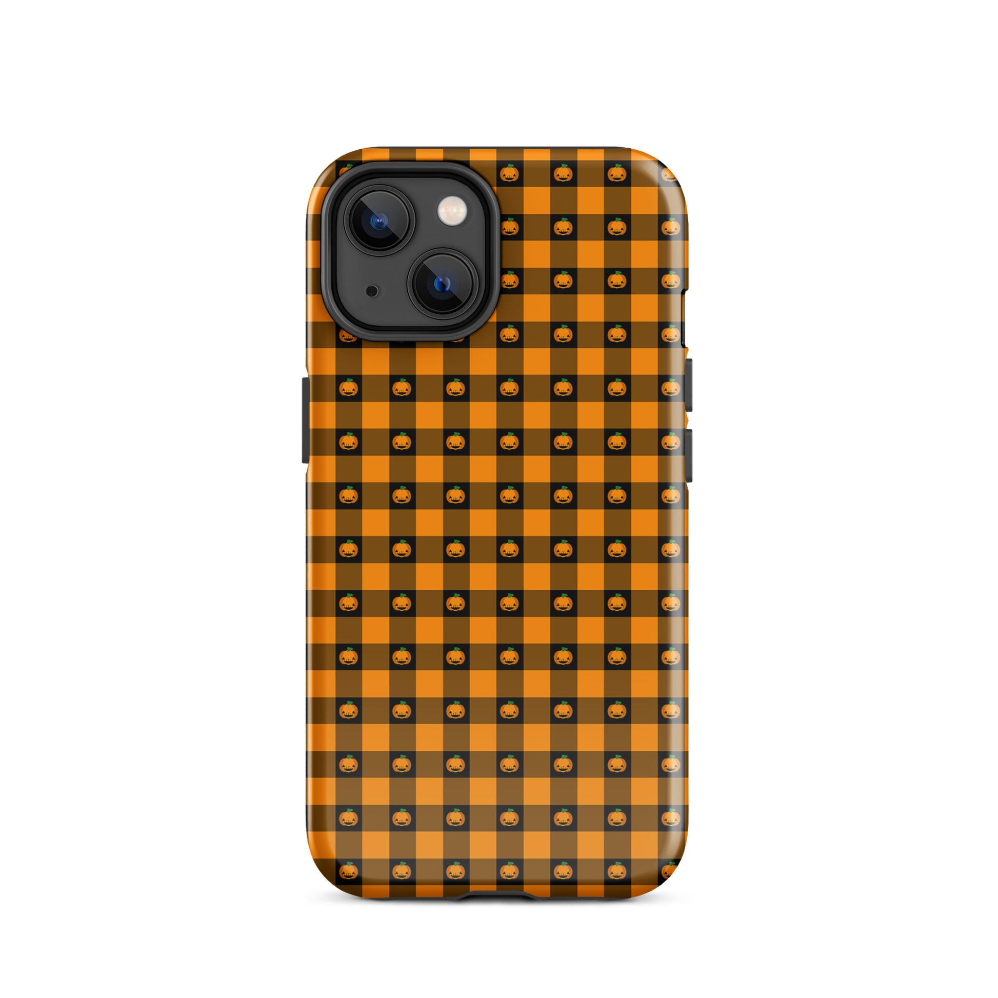 Phone Case with Halloween pumpkin gingham design for iPhone, featuring playful jack-o’-lanterns and festive seasonal charm.