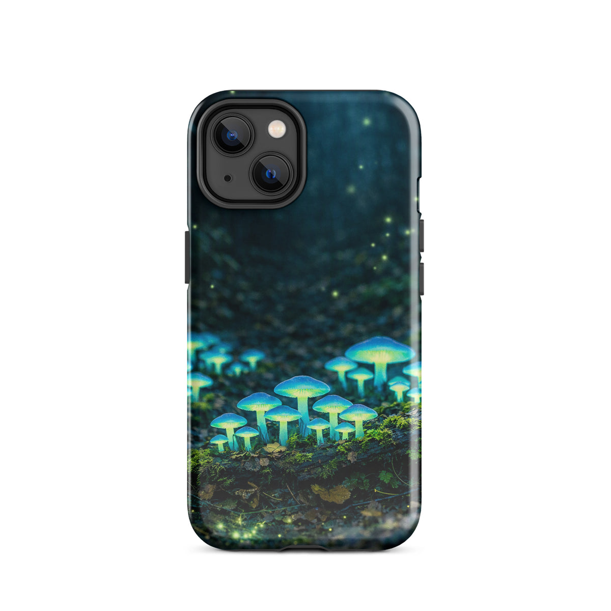 Phone Case with glowing forest mushrooms design for iPhone, featuring ethereal bioluminescent fungi on a mystical woodland floor.