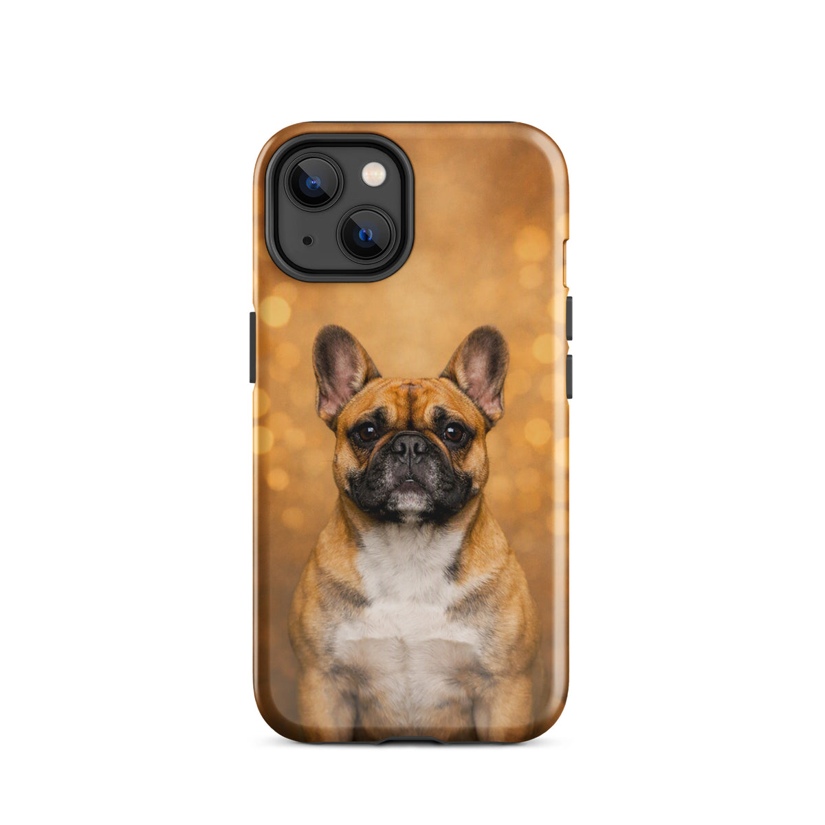 Phone Case for iPhone featuring a French Bulldog portrait against a warm golden glow background.