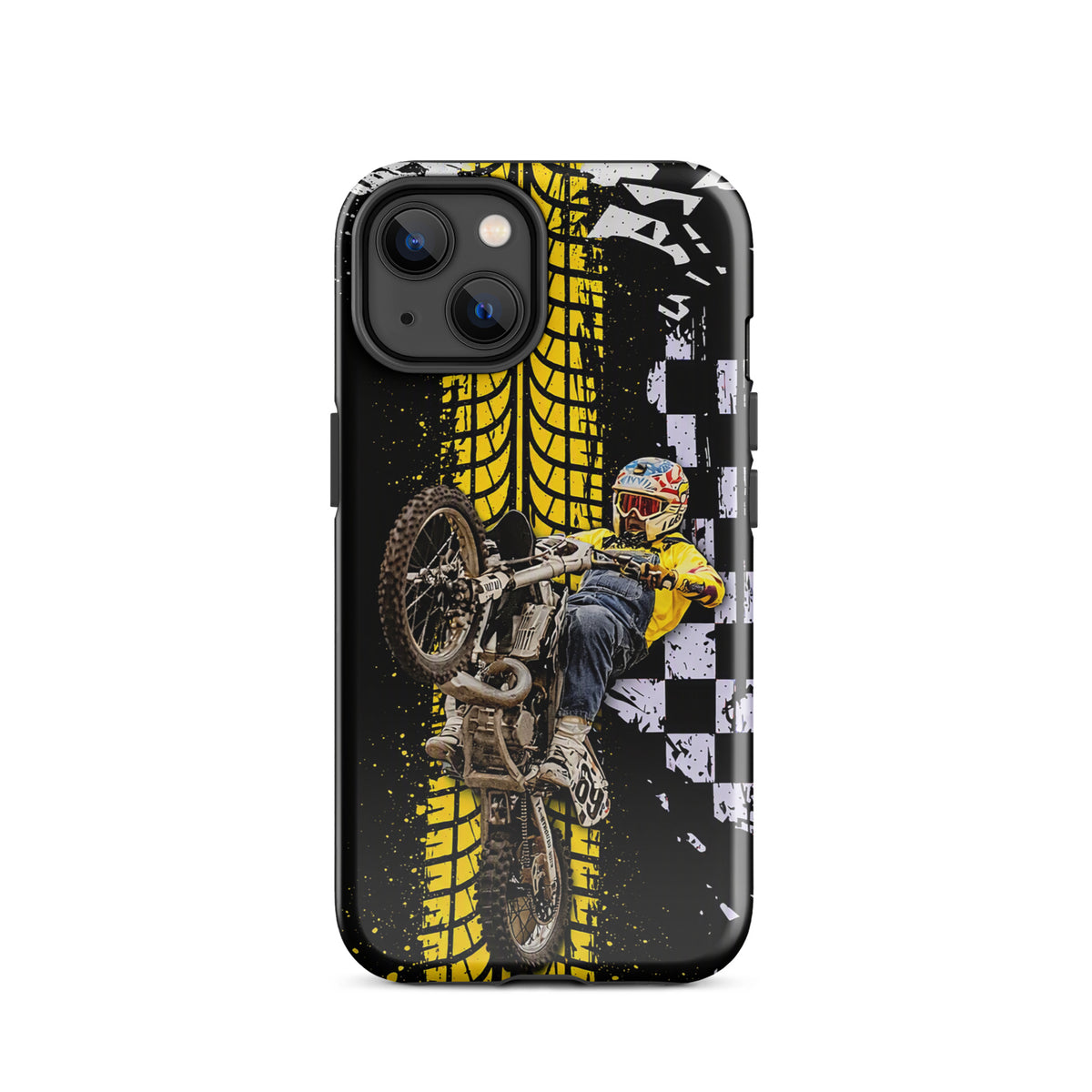 Phone Case for iPhone featuring Ronnie Mac air-wheelie design with motocross attitude, yellow tire marks, and checkerboard pattern.