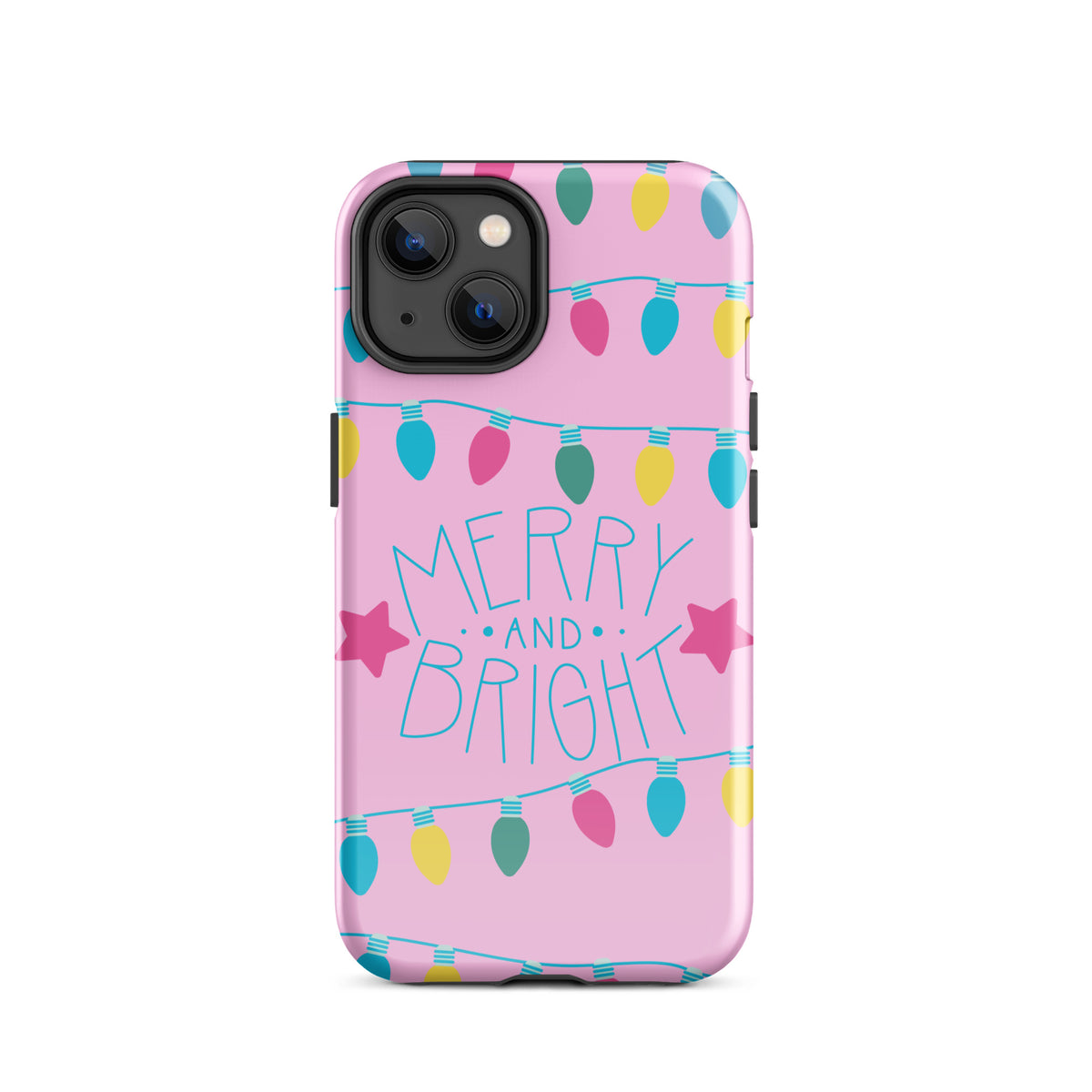 Phone Case with holiday lights design, featuring 'Merry and Bright' on a pink background with colorful bulbs, for iPhone models.